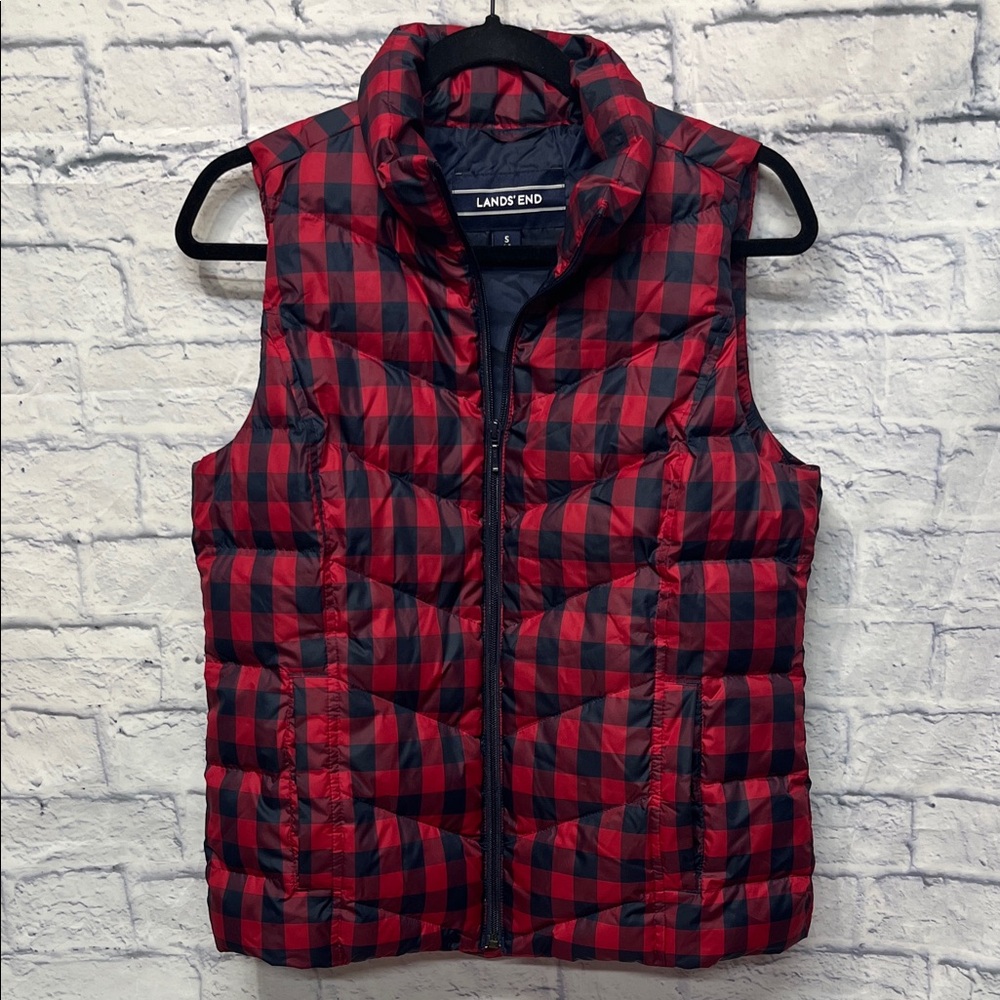 Lands' End Red and Black Plaid Puffer Vest